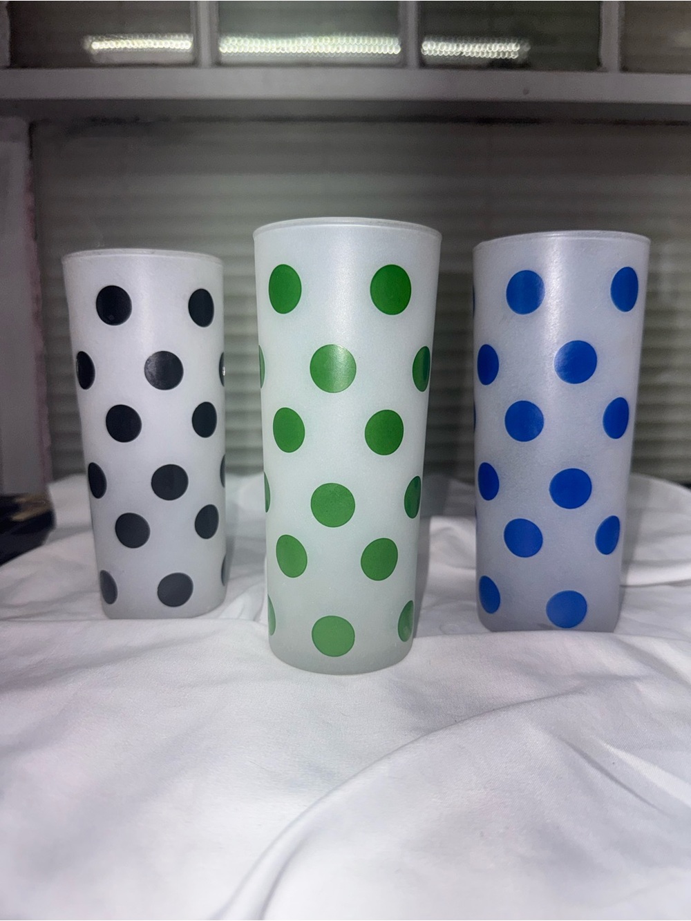 VTG MCM set of 3 Anchor Hocking frosted polka dot tumblers